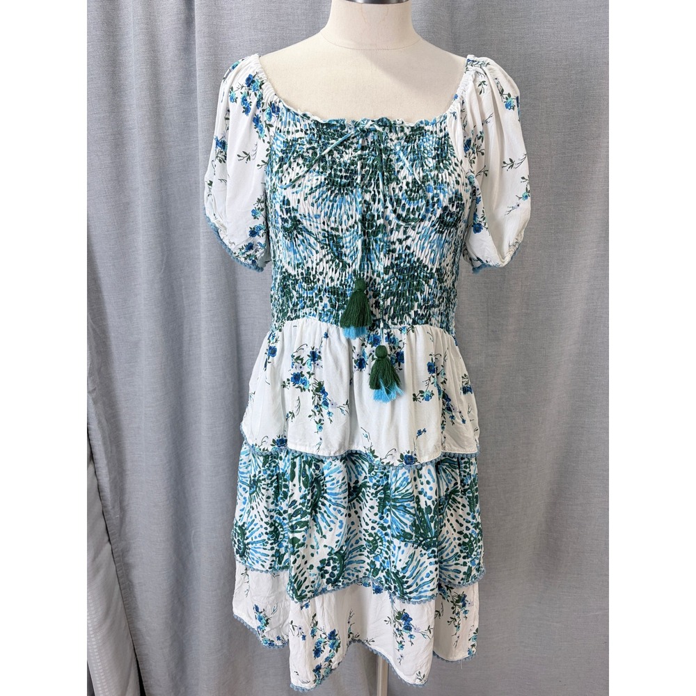 Margaux Riviera Floral Smocked Tiered Mini Dress Blue Green Tassel Womens PL